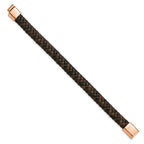 Chisel Stainless Steel Polished Rose IP-plated Brown Braided Leather 8.5 inch Bracelet