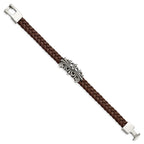 Chisel Stainless Steel Antiqued and Polished Cross Braided Brown Leather 8.5 inch Bracelet