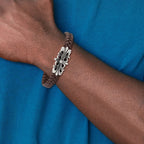 Chisel Stainless Steel Antiqued and Polished Cross Braided Brown Leather 8.5 inch Bracelet