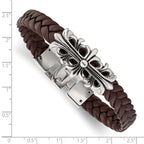 Chisel Stainless Steel Antiqued and Polished Cross Braided Brown Leather 8.5 inch Bracelet