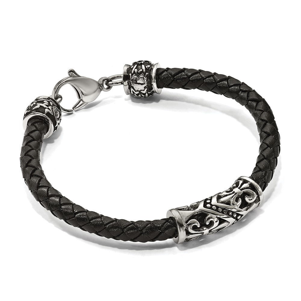 Chisel Stainless Steel Antiqued Polished and Textured Fleur de Lis Black Braided Leather 8.5 inch Bracelet
