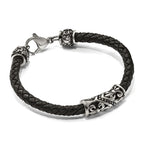 Chisel Stainless Steel Antiqued Polished and Textured Fleur de Lis Black Braided Leather 8.5 inch Bracelet