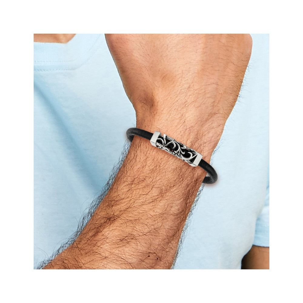 Stainless Steel Antiqued & Polished Filigree Black Leather Cord Bracelet