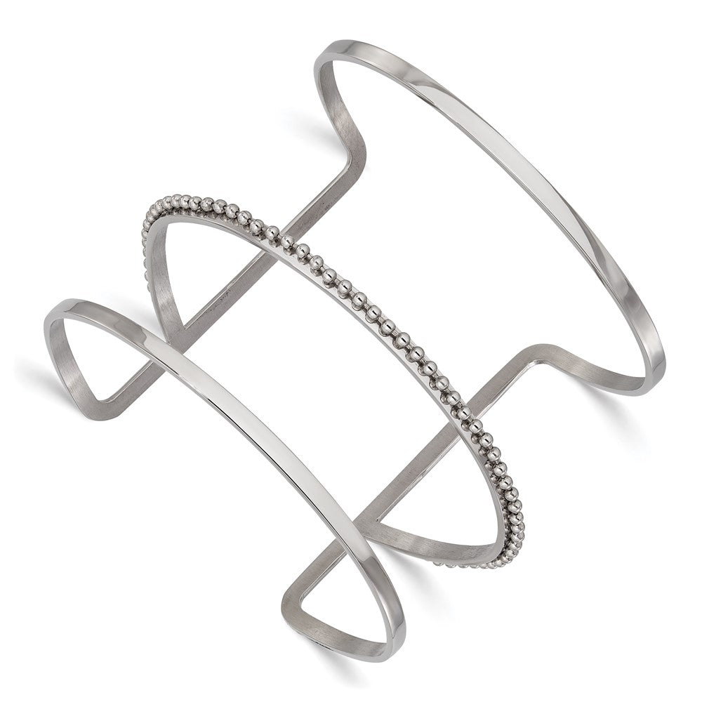 Stainless Steel Polished Beaded Cuff Bangle
