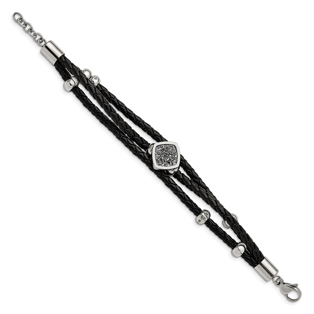 Stainless Steel w/.75in ext Polished w/Druzy and Crystal Leather Bracelet