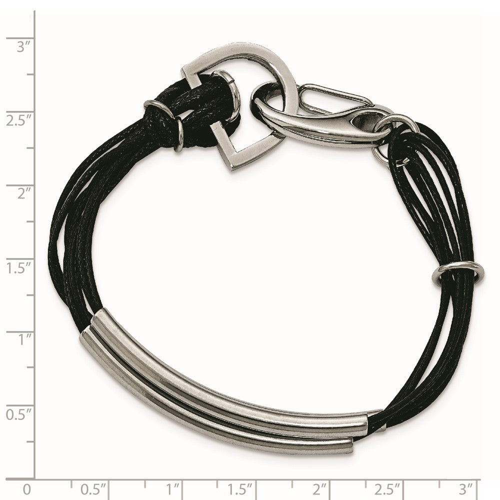 Stainless Steel Polished 3 Steel Tube w/ Black Wax Cord Bracelet