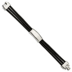 Stainless Steel Polished Black Leather 8in ID Bracelet