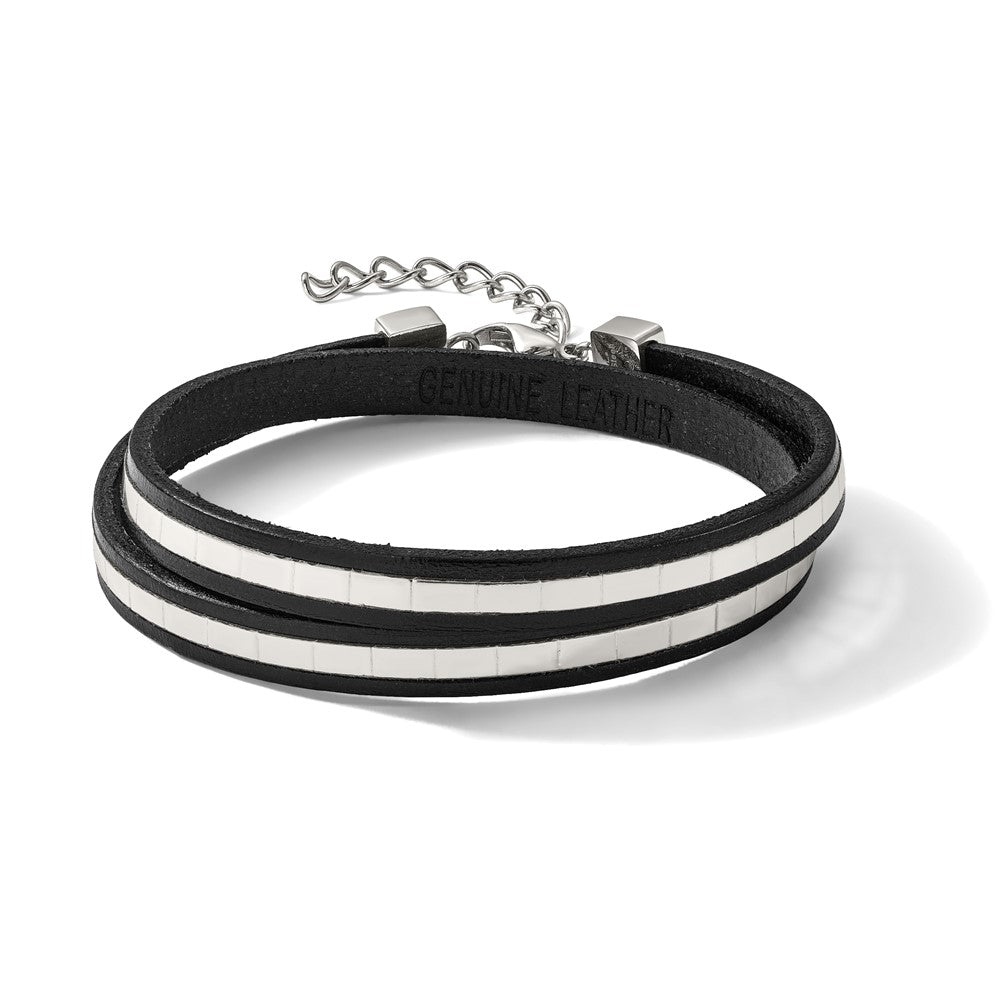 Stainless Steel Polished Italian Leather 14.5in w/2in ext Wrap Bracelet