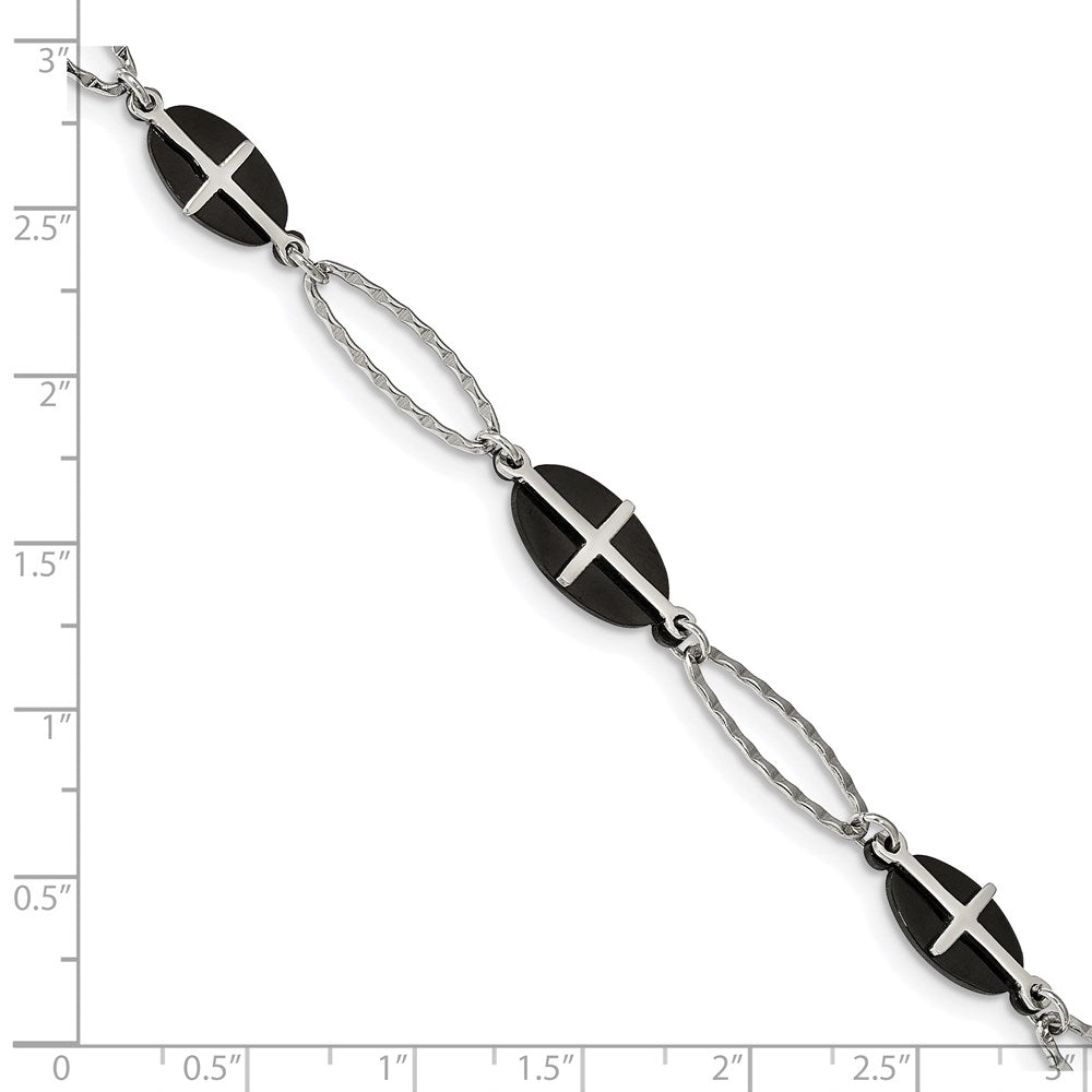 Stainless Steel Polished Black IP-plated 7in w/1in ext. Cross Bracelet