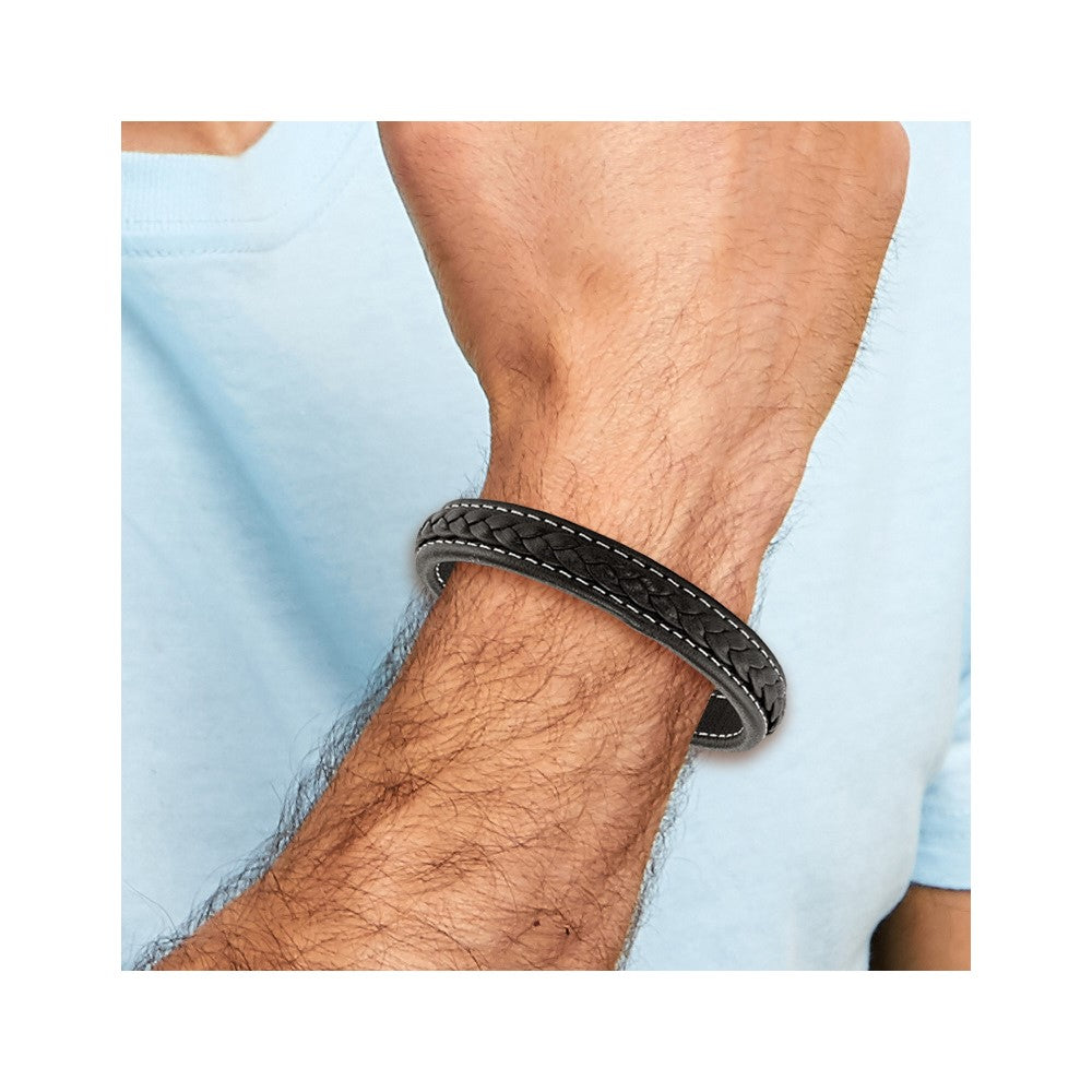 Stainless Steel Polished Brown IP-plated Brown Leather 8.25in Bracelet
