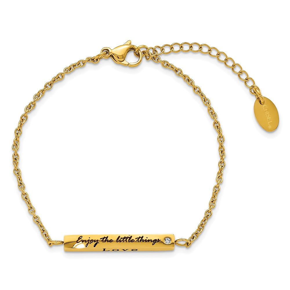 Chisel Stainless Steel Polished Yellow IP-plated with CZ LOVE DREAM LAUGH Enjoy the little things Bracelet with Extension