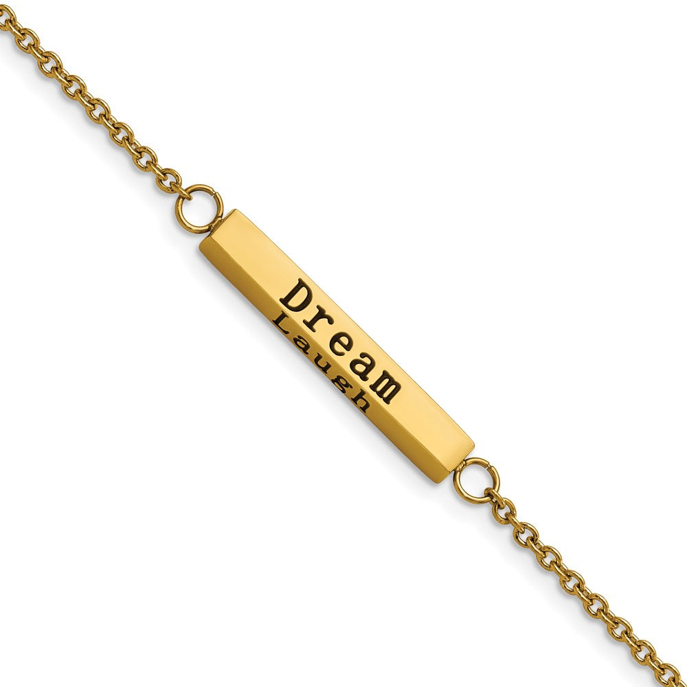 Chisel Stainless Steel Polished Yellow IP-plated with CZ LOVE DREAM LAUGH Enjoy the little things Bracelet with Extension