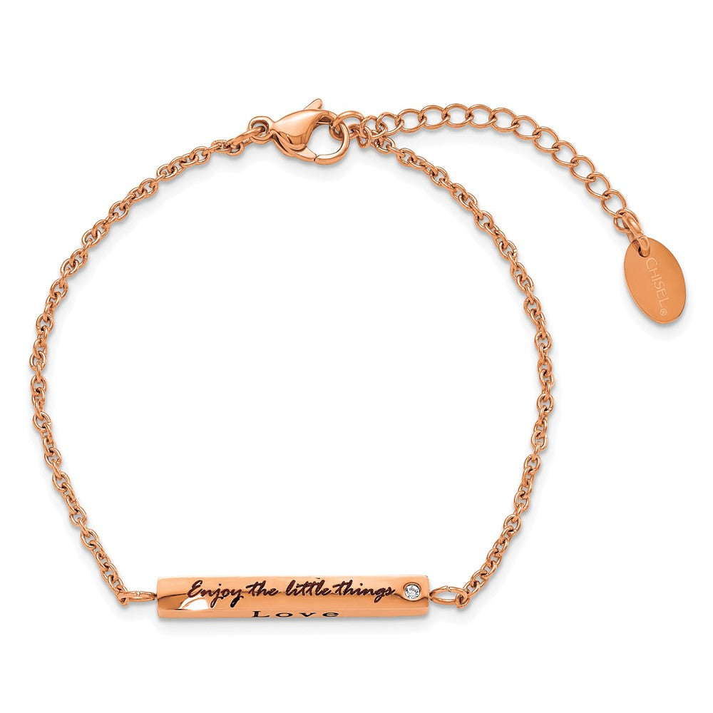 Chisel Stainless Steel Polished Rose IP-plated with CZ LOVE DREAM LAUGH Enjoy the little things Bracelet with Extension