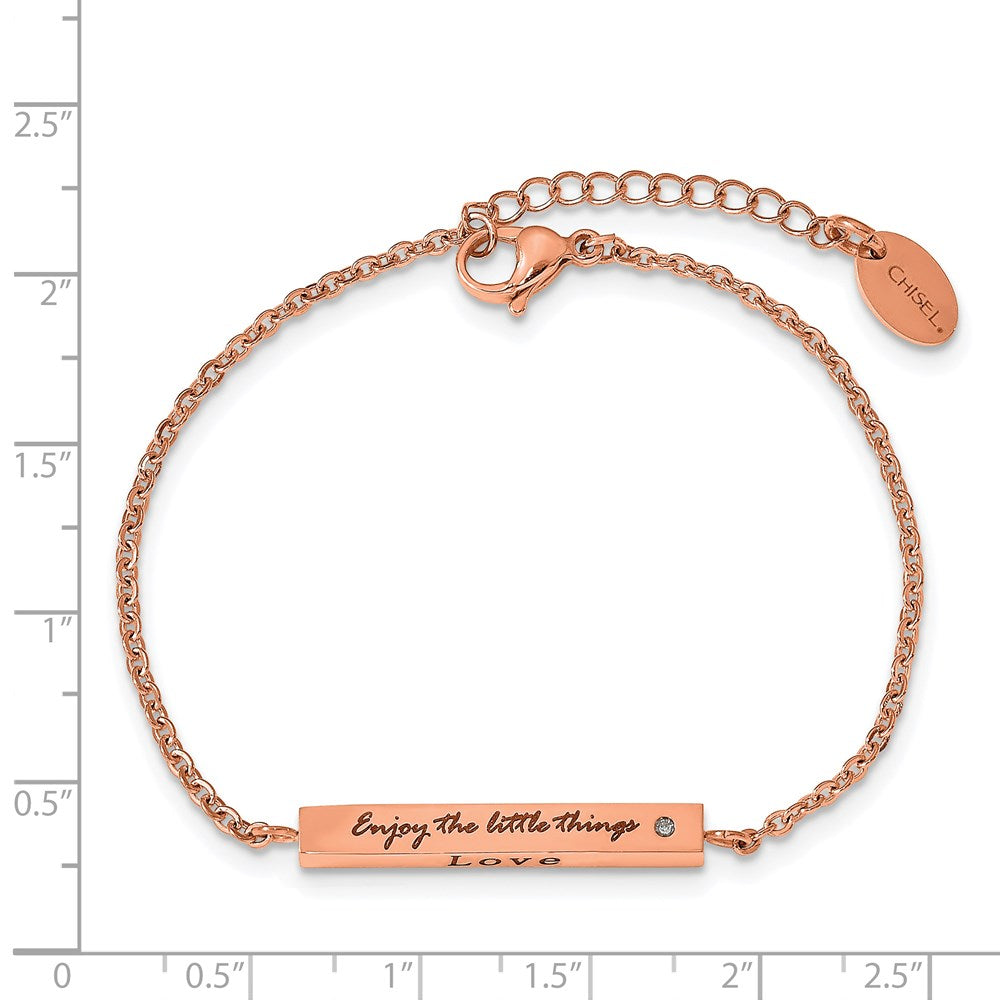 Chisel Stainless Steel Polished Rose IP-plated with CZ LOVE DREAM LAUGH Enjoy the little things Bracelet with Extension