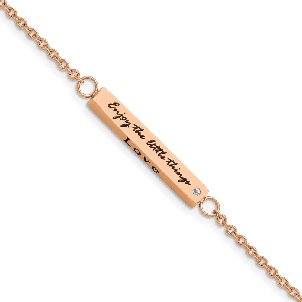 Chisel Stainless Steel Polished Rose IP-plated with CZ LOVE DREAM LAUGH Enjoy the little things Bracelet with Extension