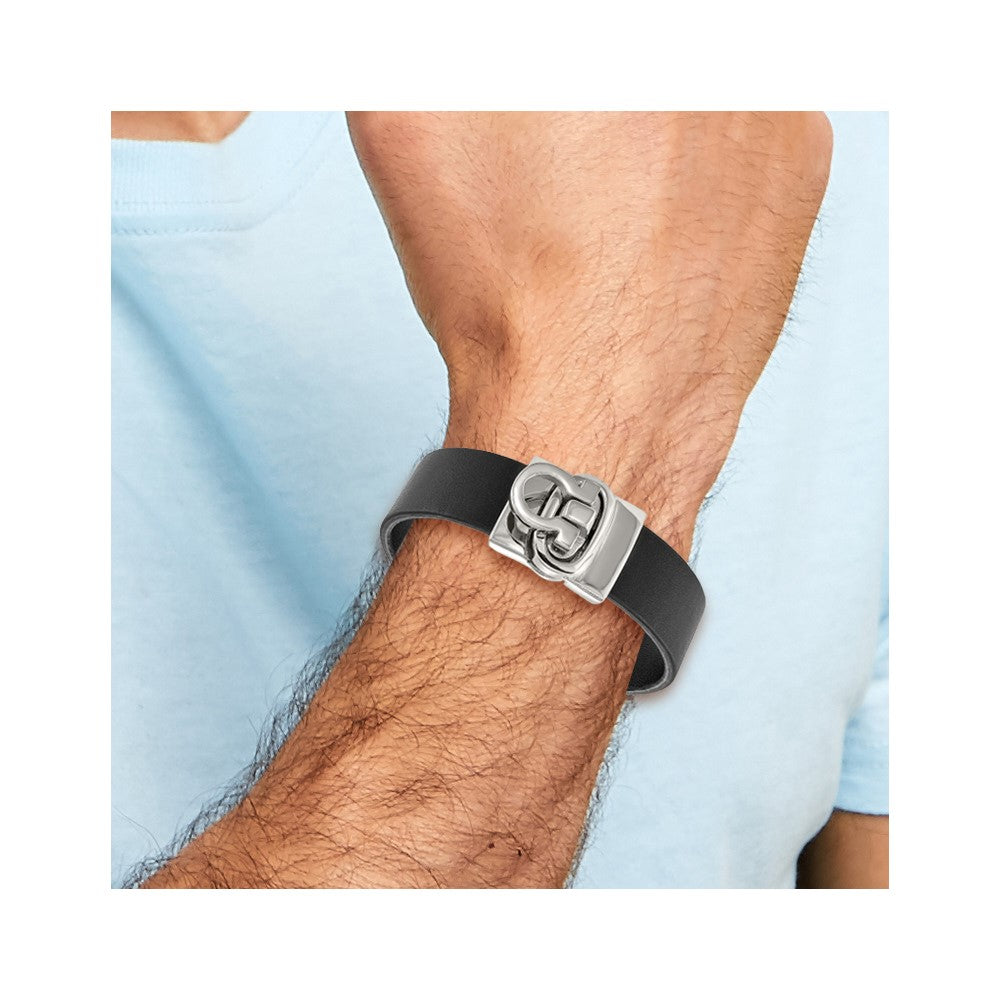 Stainless Steel Polished Black Leather 8.5in Bracelet
