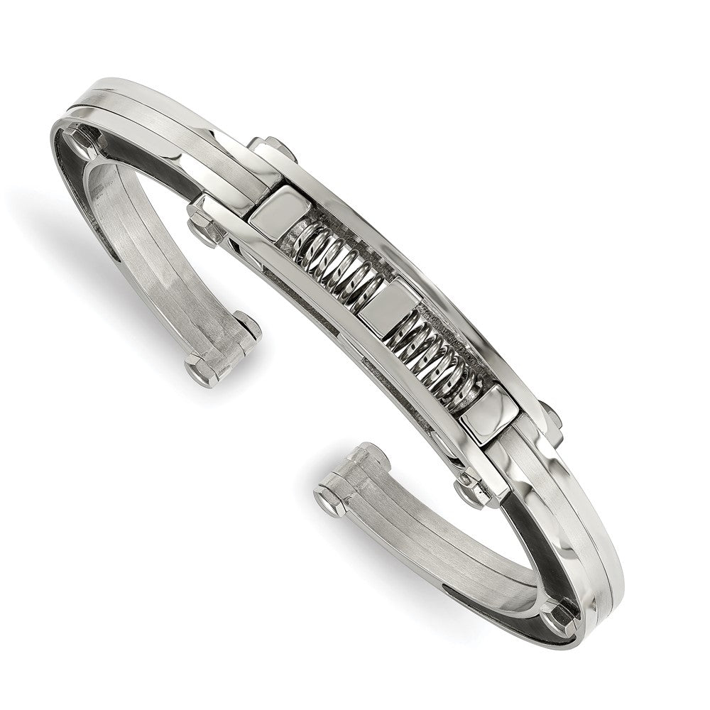 Chisel Stainless Steel Brushed and Polished with Black Carbon Fiber Inlay Hinged Bangle
