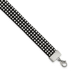Stainless Steel Polished Black Leather w/Crystals w/1.75in ext Bracelet