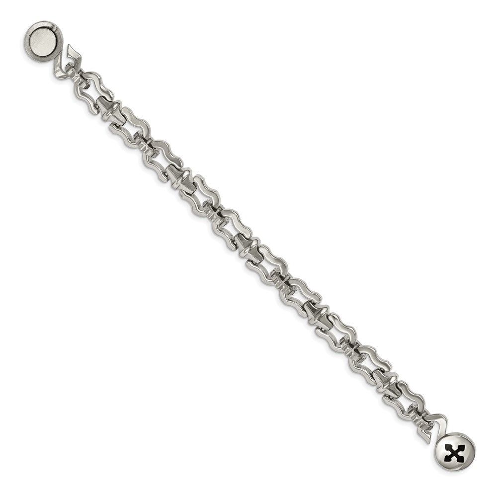 Stainless Steel Polished with Black Rubber Cross 8.5in Bracelet