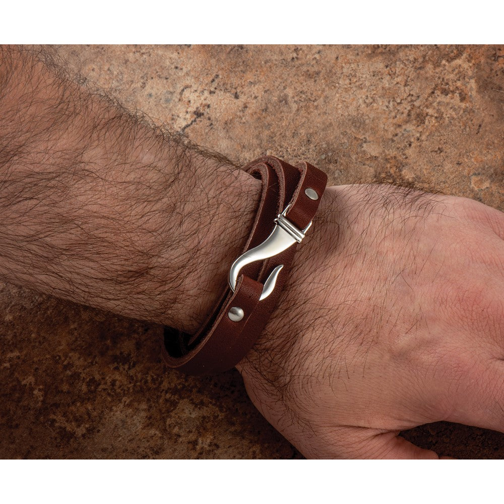 Chisel Stainless Steel Polished Brown Leather 24 inch Wrap Bracelet