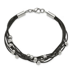 Chisel Stainless Steel Polished Beaded Multi-Strand Black Leather 8 inch Bracelet