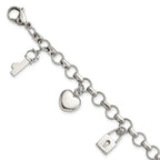 Stainless Steel Rose IP-plated Polished CZ Heart, Lock & Key w/ 1in ext Bracelet