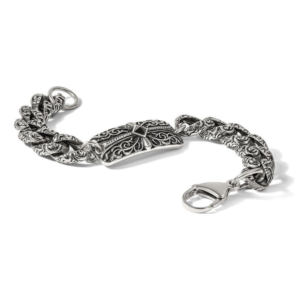 Chisel Stainless Steel Antiqued and Polished with Black Agate 9 inch Fancy Link Cross Bracelet