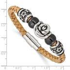 Stainless Steel Brushed & Polished Black IP Beads Leather 7.5in Bracelet