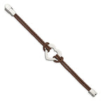 Chisel Stainless Steel Polished Heart Brown Braided Leather 7.5 inch Bracelet