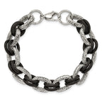 Stainless Steel 9in Polished and Textured with Black Rubber Bracelet