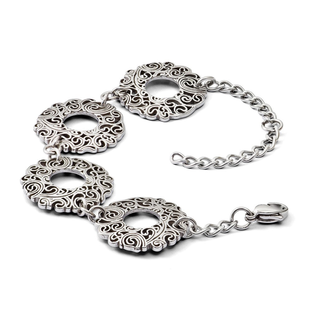 Stainless Steel Polished Fancy Filigree Circles w/1.5in ext Bracelet