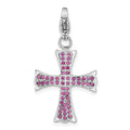 Stainless Steel Polished Dark Pink CZ Cross with Lobster Clasp Charm