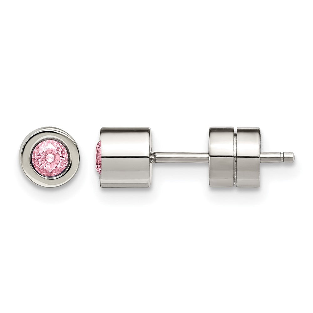 Chisel Stainless Steel Polished Pink CZ October Birthstone Post Stud Earrings