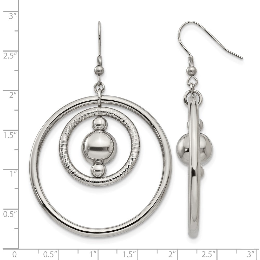 Stainless Steel Polished and Textured Geometric Circle Dangle Earrings