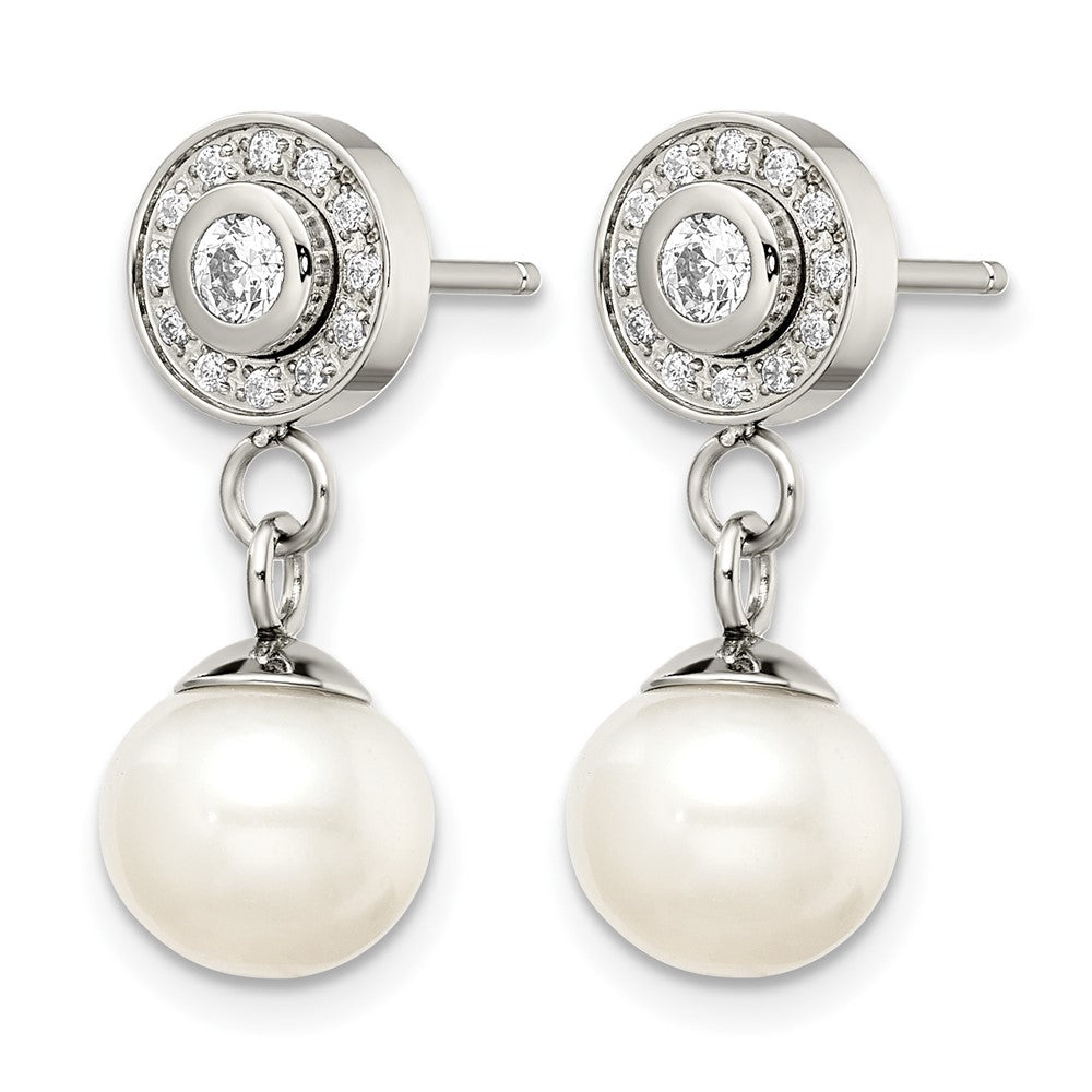 Chisel Stainless Steel Polished CZ and Freshwater Cultured Pearl Post Dangle Earrings