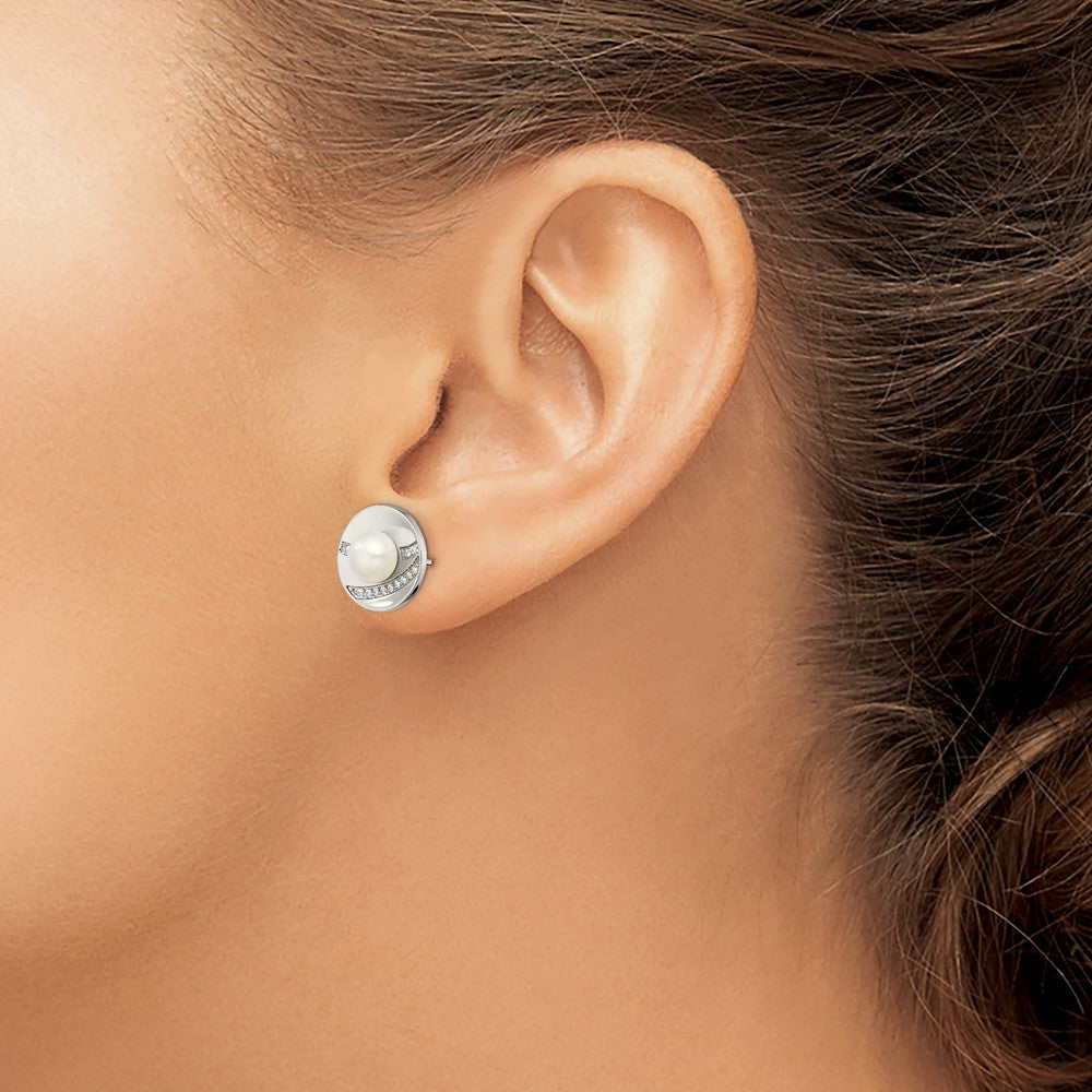 Chisel Stainless Steel Polished CZ and Freshwater Cultured Pearl Post Earrings