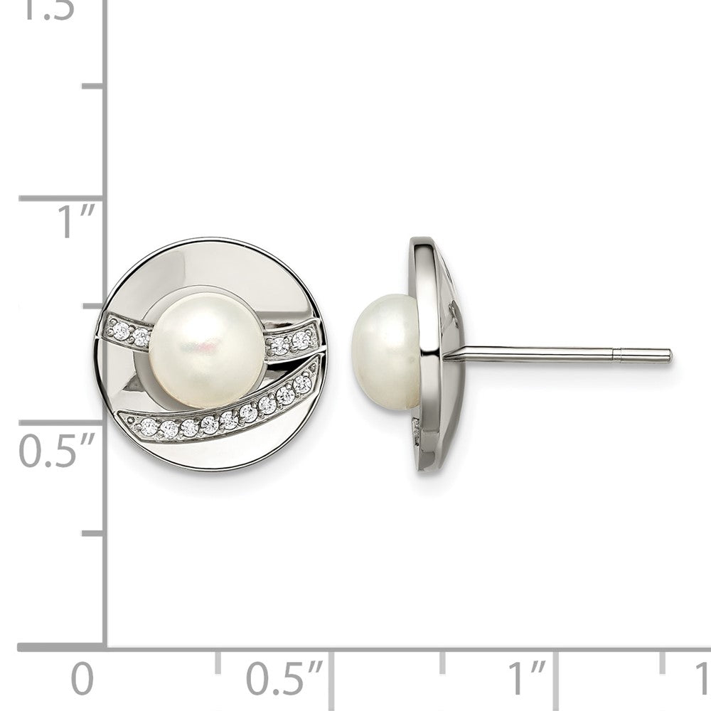 Chisel Stainless Steel Polished CZ and Freshwater Cultured Pearl Post Earrings