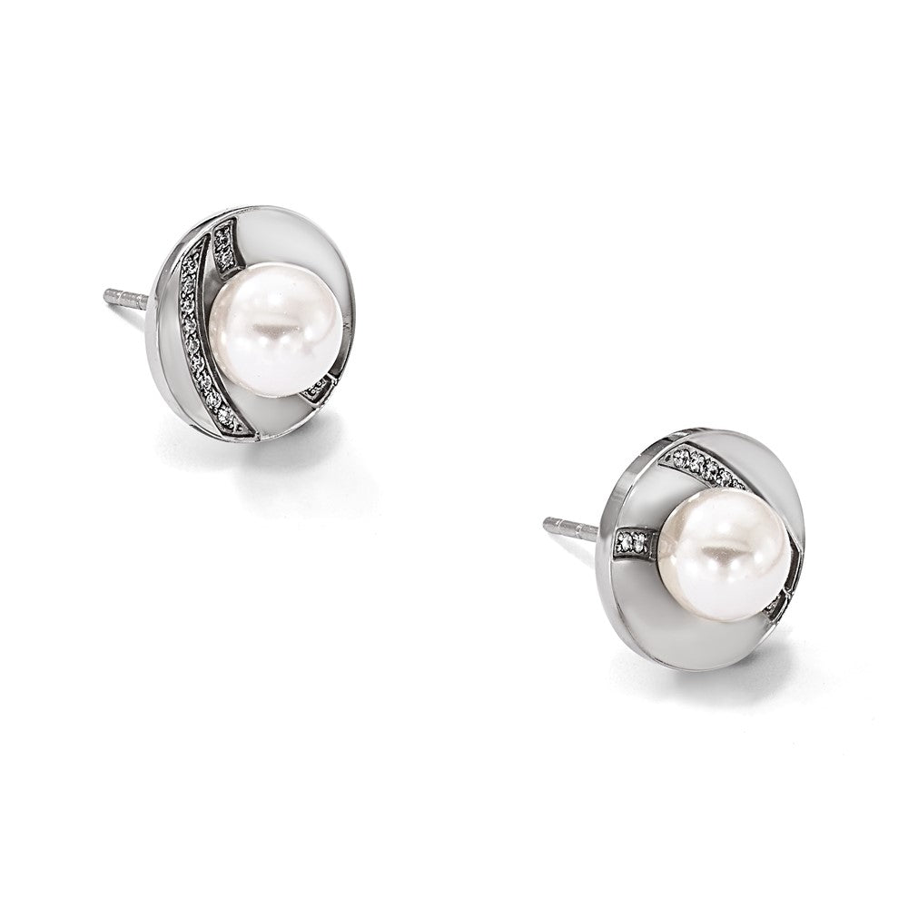 Chisel Stainless Steel Polished CZ and Freshwater Cultured Pearl Post Earrings