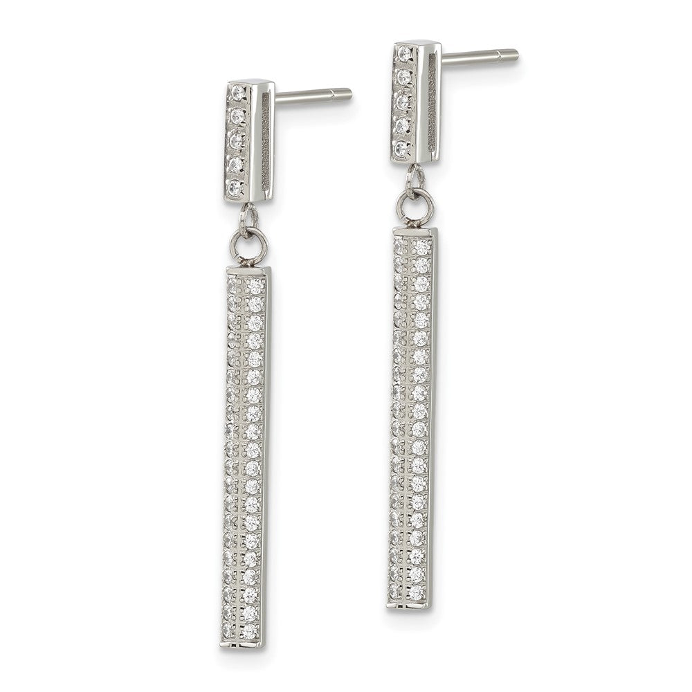 Stainless Steel Polished CZ Bar Post Dangle Earrings