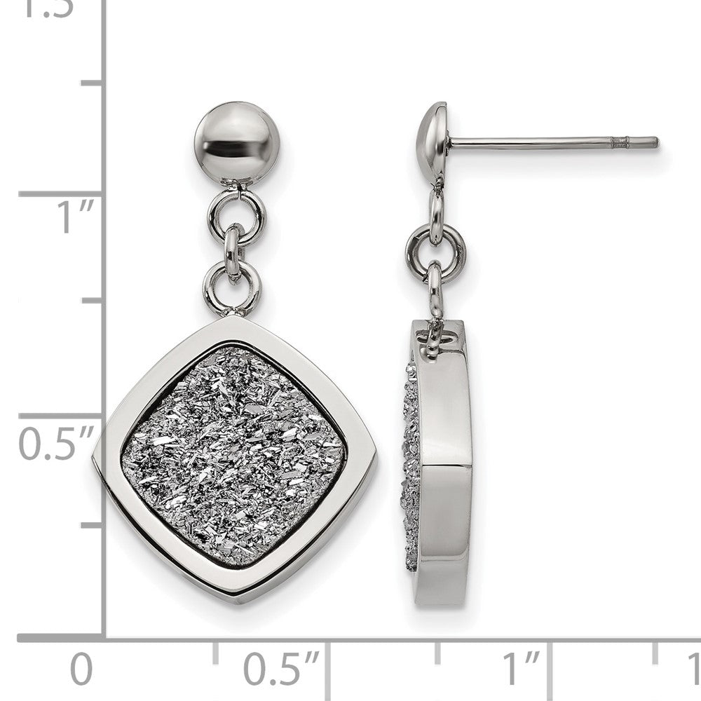 Stainless Steel Polished with Silver Druzy Post Dangle Earrings