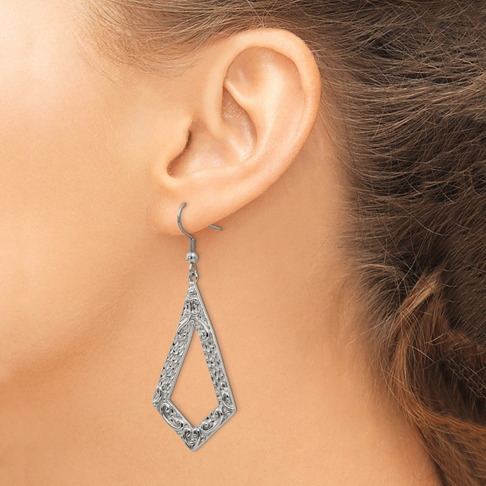 Stainless Steel Polished Textured Ornate Geometric Dangle Earrings