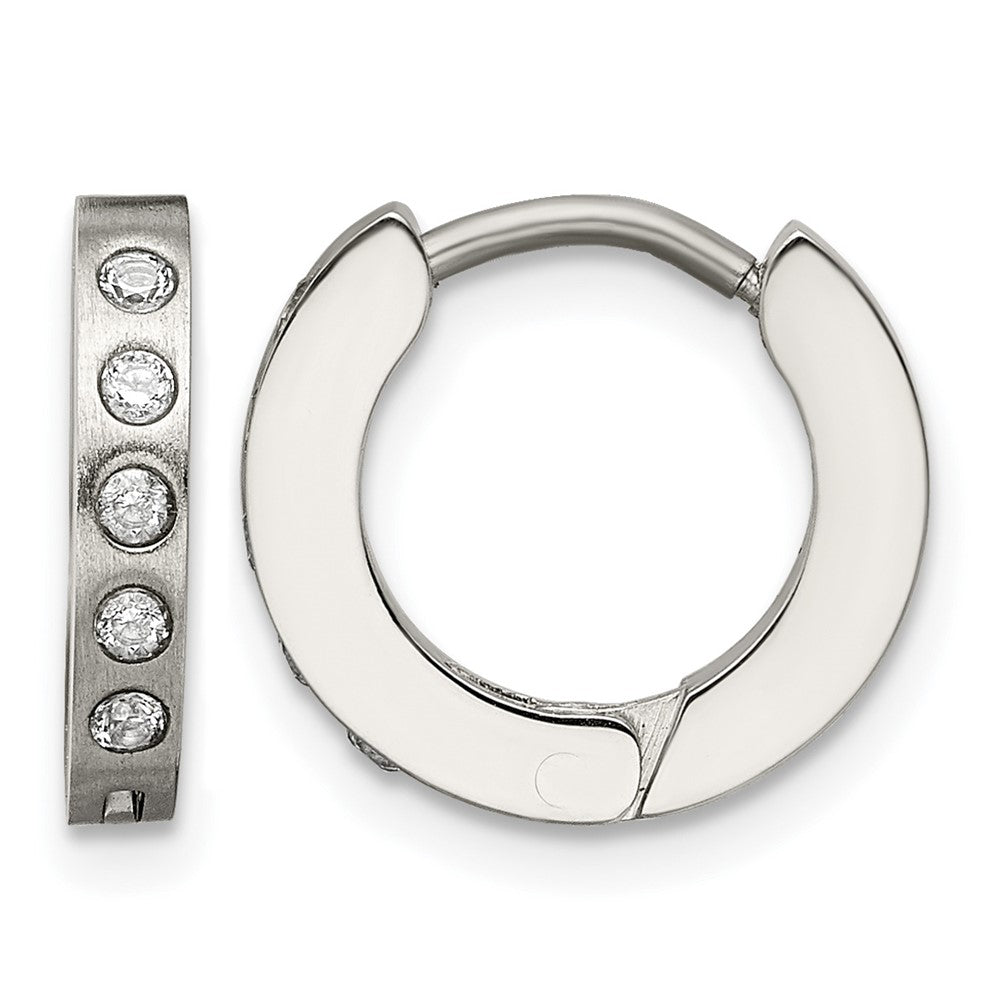 Chisel Stainless Steel Brushed and Polished with CZ 2mm Hinged Hoop Earrings