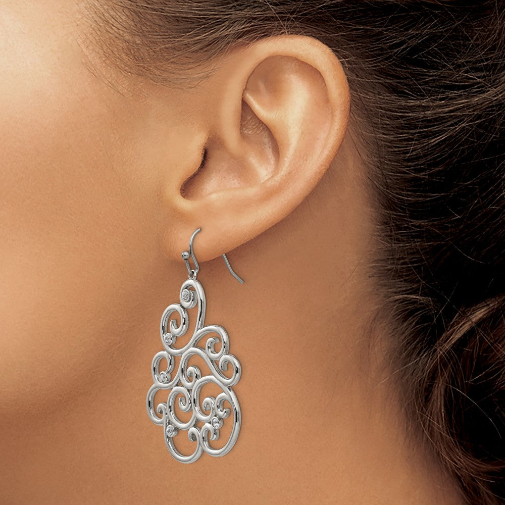 Chisel Stainless Steel Polished Filigree CZ Dangle Shepherd Hook Earrings