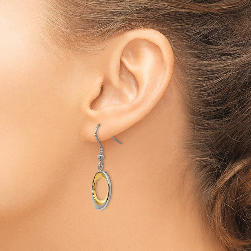 Stainless Steel Polished Yellow IP Oval Dangle Shepherd Hook Earrings