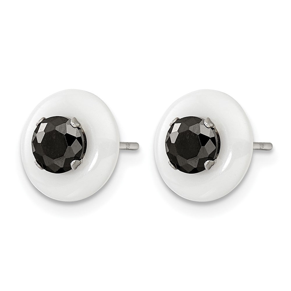 Chisel Stainless Steel Polished White Ceramic with Black CZ Post Earrings