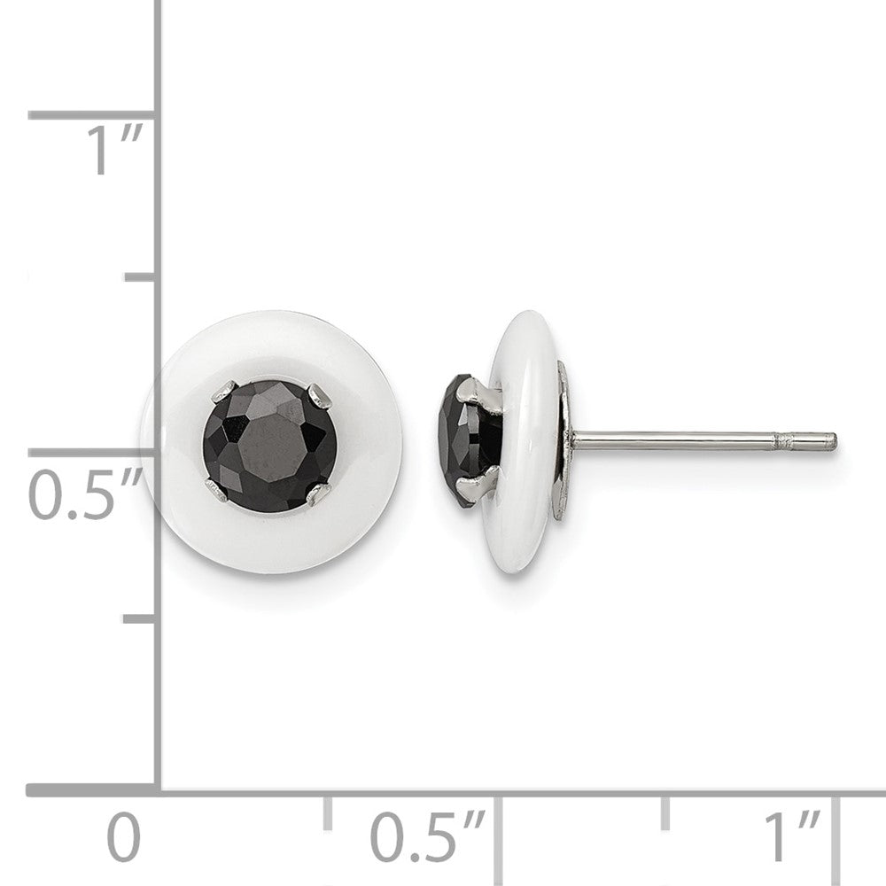 Chisel Stainless Steel Polished White Ceramic with Black CZ Post Earrings