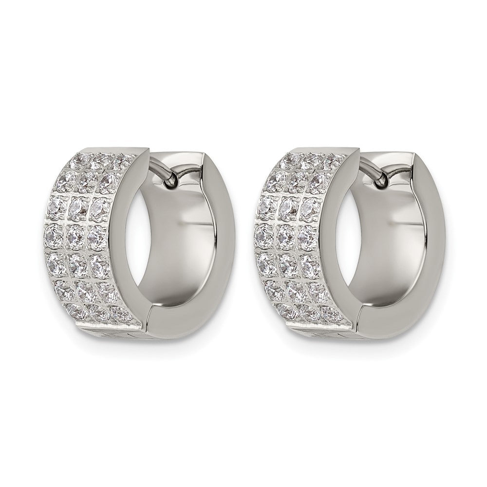 Chisel Stainless Steel Polished with 3 Rows of CZ 2.4mm Hinged Hoop Earrings