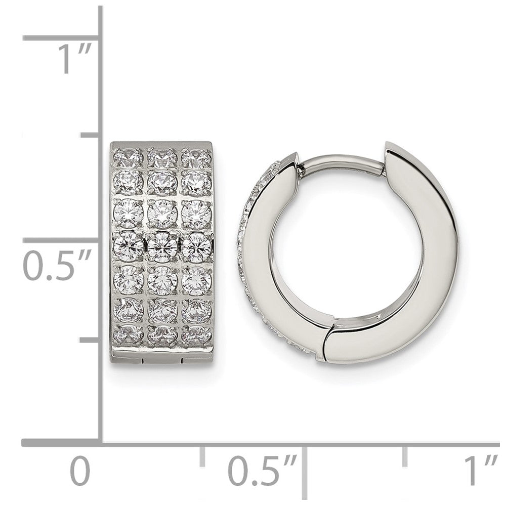 Chisel Stainless Steel Polished with 3 Rows of CZ 2.4mm Hinged Hoop Earrings