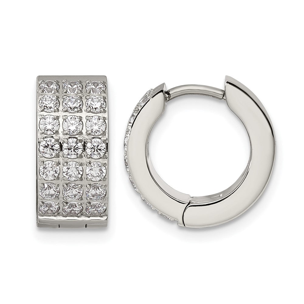 Chisel Stainless Steel Polished with 3 Rows of CZ 2.4mm Hinged Hoop Earrings