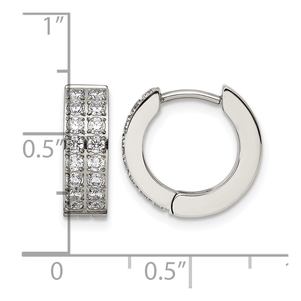 Chisel Stainless Steel Polished with 2 Rows of CZ 2.3mm Hinged Hoop Earrings